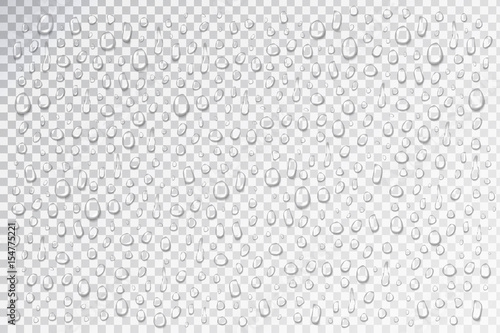 Vector set of realistic isolated water droplets on the transparent background.