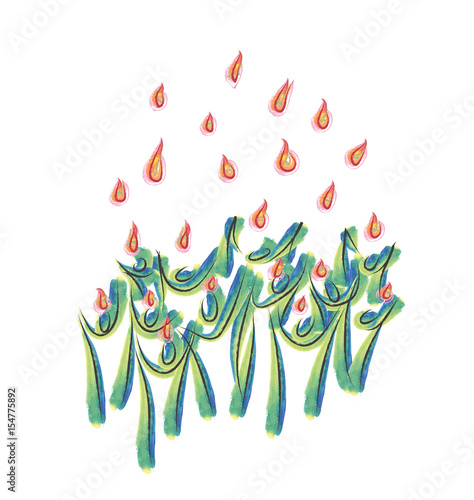 Obraz na plátne Pentecost - descent of the Holy Spirit in form of tongues of fire, with symbolic people or apostoles