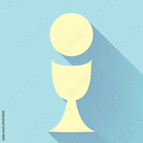 Eucharist symbol with chalice and host, first communion flat design abstract simple logo vector illustration, on a light blue background.