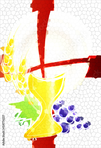Eucharist symbols with chalice and host, bread and wine, with wheat ears and grapes cluster. First communion abstract vector illustration.