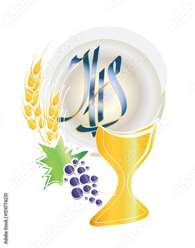 Eucharist symbols with chalice and host, bread and wine, with wheat ears and grapes cluster. First communion abstract vector illustration.