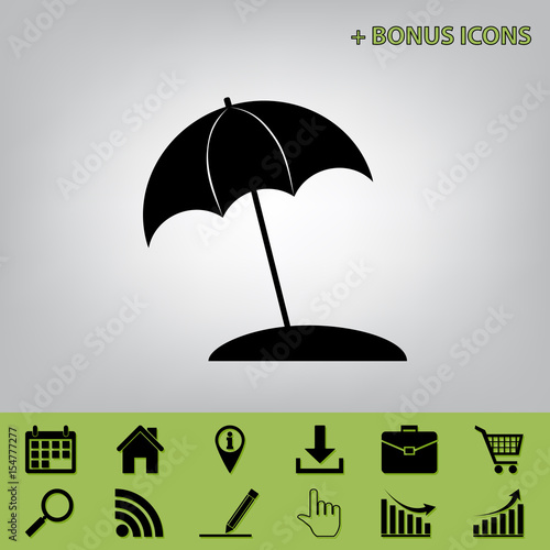 Umbrella and sun lounger sign. Vector. Black icon at gray background with bonus icons at celery ones