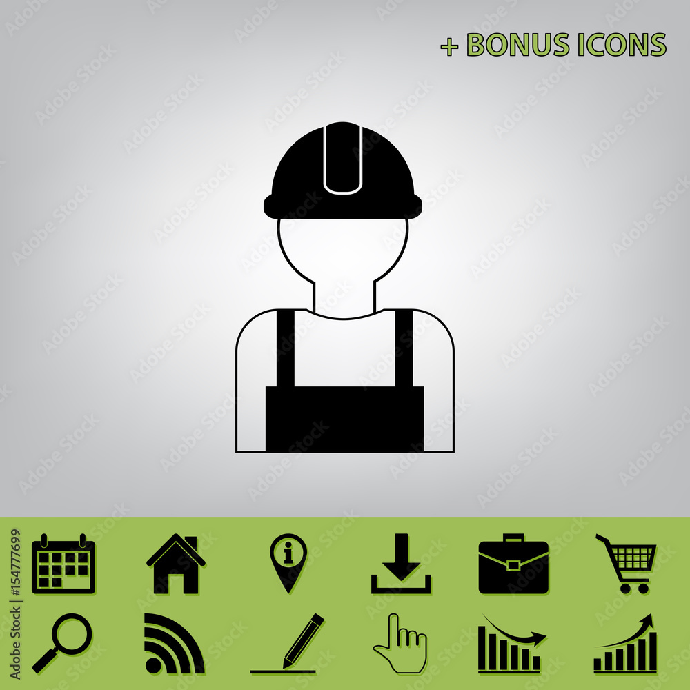 Worker sign. Vector. Black icon at gray background with bonus icons at celery ones