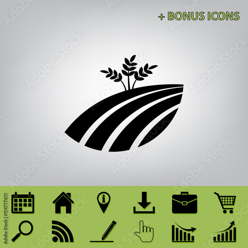 Wheat field sign. Vector. Black icon at gray background with bonus icons at celery ones