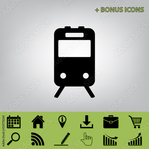 Train sign. Vector. Black icon at gray background with bonus icons at celery ones