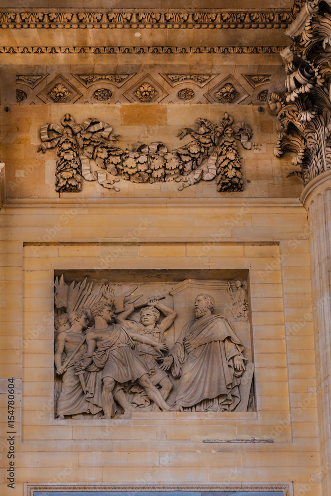 Detail on front facade of Pantheon. Latin Quarter. Paris, France