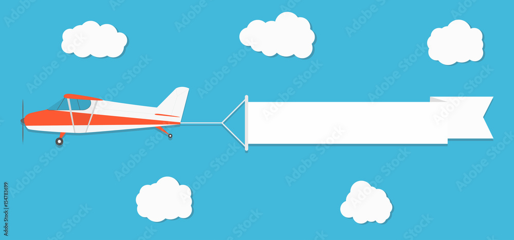 Flying advertising banner. Plane with horizontal banner on blue sky  background Stock Vector | Adobe Stock