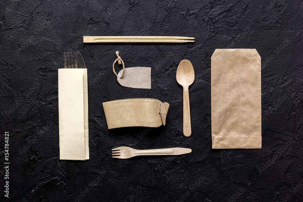 paper bags for food delivery restourant dark table background top view mockup paper bags for food delivery restourant dark table background top view mockup