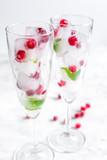 ice cubes with red berries and mint in glasses on white background
