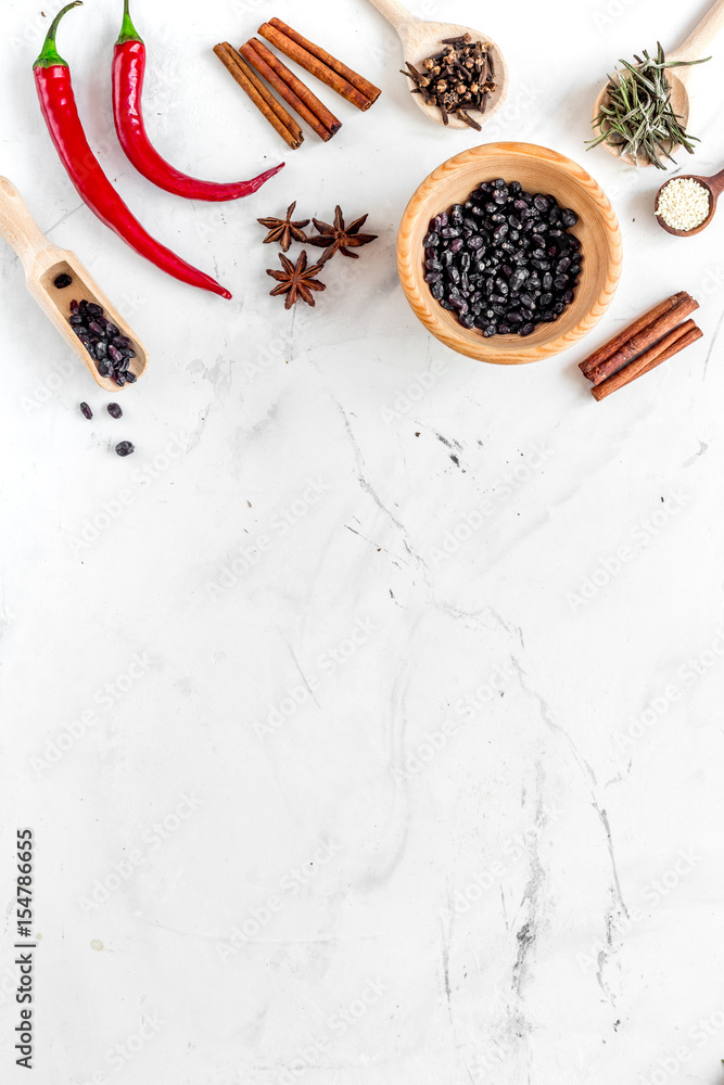Flat lay herb and spices on white kitchen background space for text Flat lay herb and spices on white kitchen background space for text