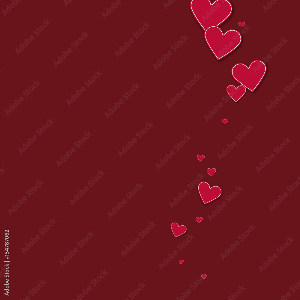 Cutout red paper hearts. Right wave on wine red background. Vector illustration.