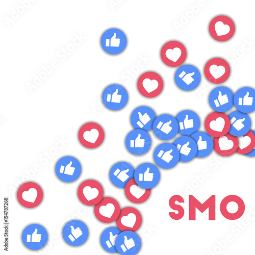 SMO. Social media icons in abstract shape background with scattered thumbs up and hearts. SMO concept in great vector illustration.
