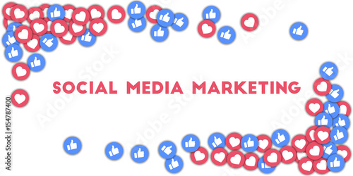 Social media marketing. Social media icons in abstract shape background with scattered thumbs up and hearts. Social media marketing concept in magnificent vector illustration.
