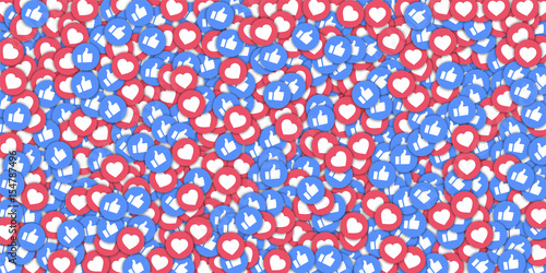  Social media icons in abstract shape background with scattered thumbs up and hearts. Concept in radiant vector illustration.