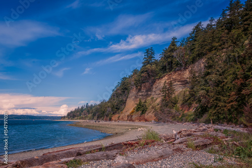 Camano Island Beach Sand, rock, and driftwood beach curving into a rock and evergreen covered point with brilliant blue sky and water. 
