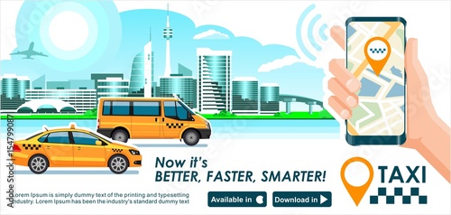 Taxi app banner. City skyline modern buildings hi-tech & taxi cab also smartphone gps map in hand. Concept template of taxi call service for store.