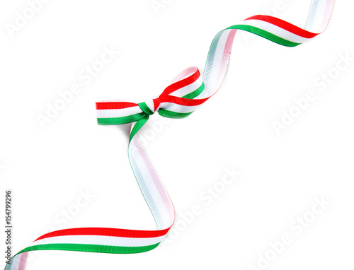 Ribbon bow in colors of Hungarian flag on white background