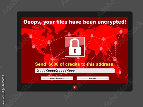 Computer virus ransom ware malware threat red window on screen