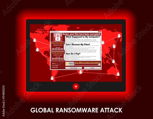 Computer virus ransom ware malware threat red window on screen