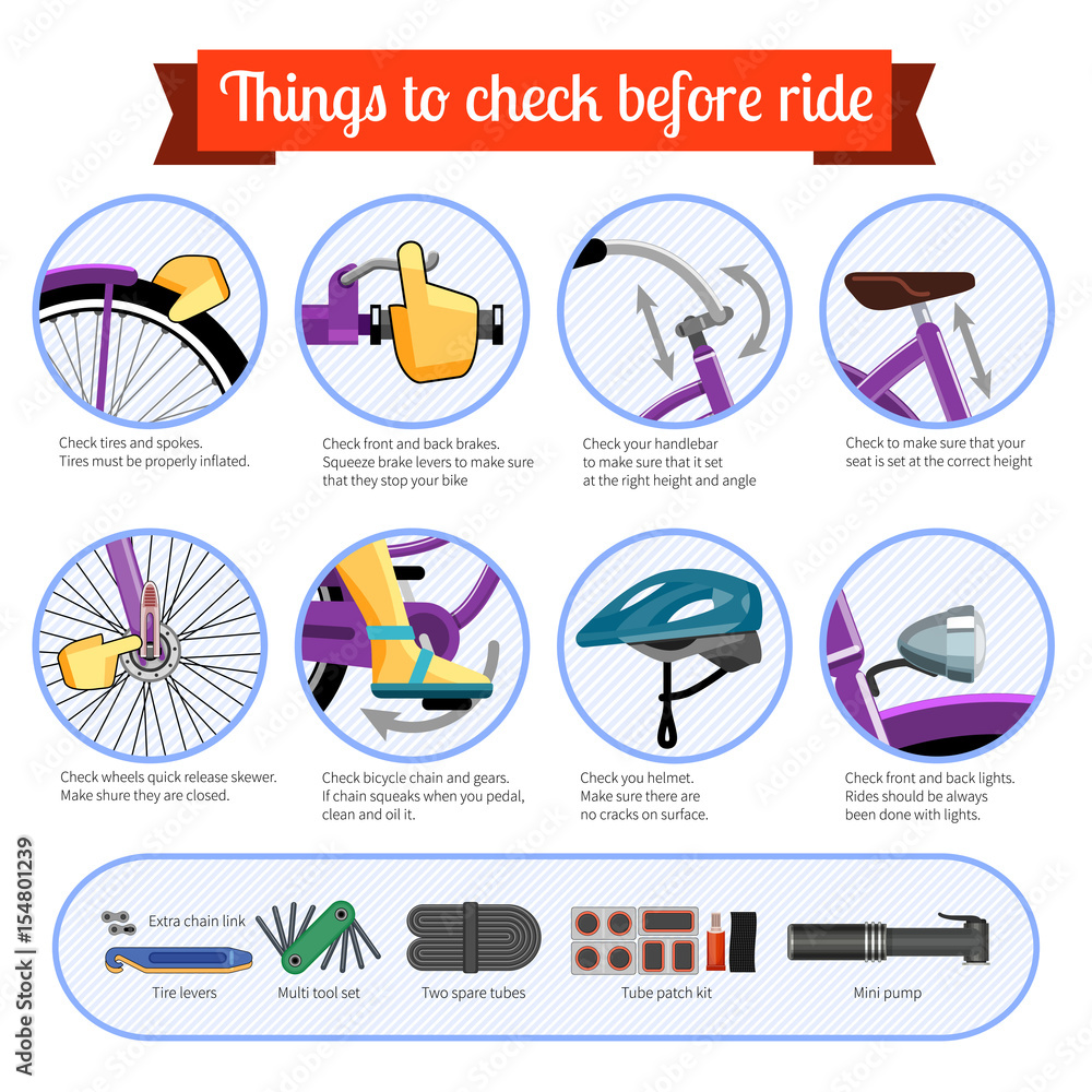 Bicycle safety inspection checklist every time before ride. Vector