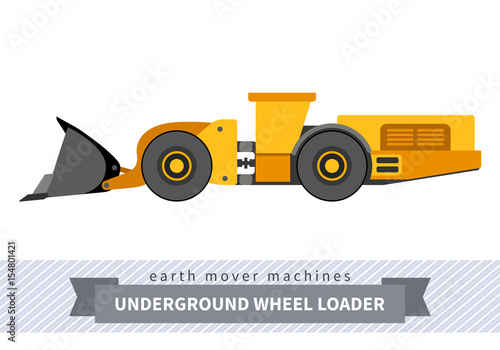 Underground wheel front loader. Heavy equipment vehicle isolated color vector illustration on white background