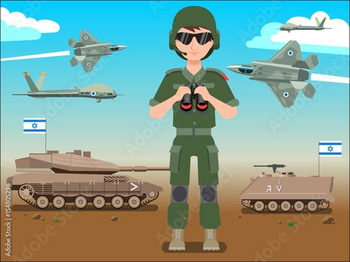 Israel defense forces army banner or poster. IDF soldier also battle tanks & jets plane in a Israel desert