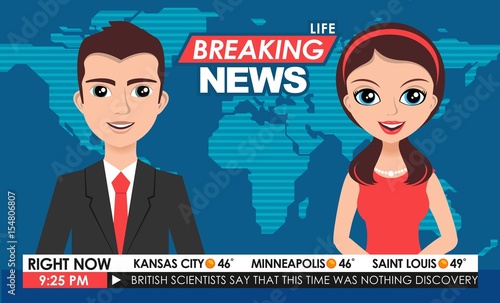 Internet TV breaking news male in a coat & female in red dress from a studio