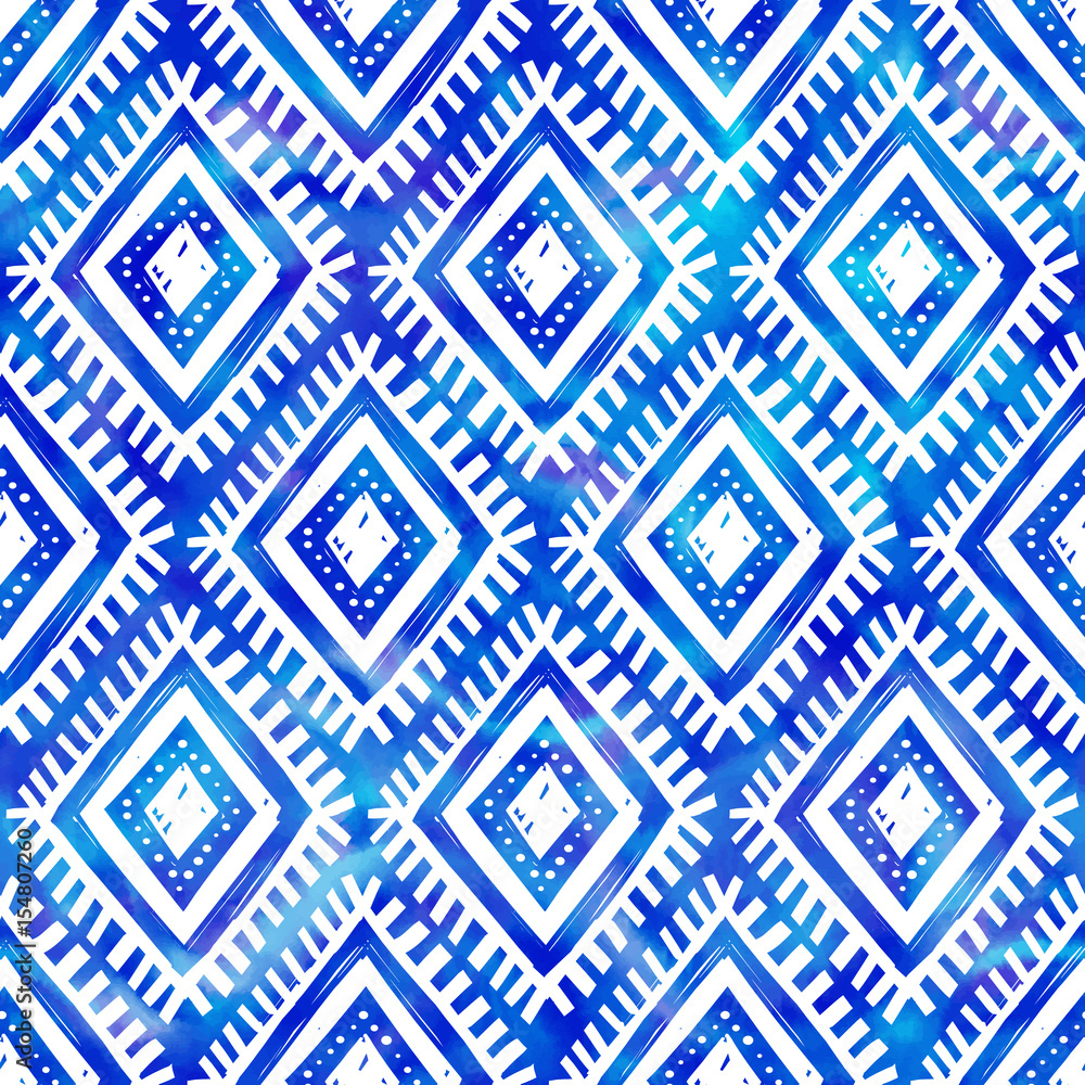 Blue watercolor indigo color tribal style vector seamless pattern