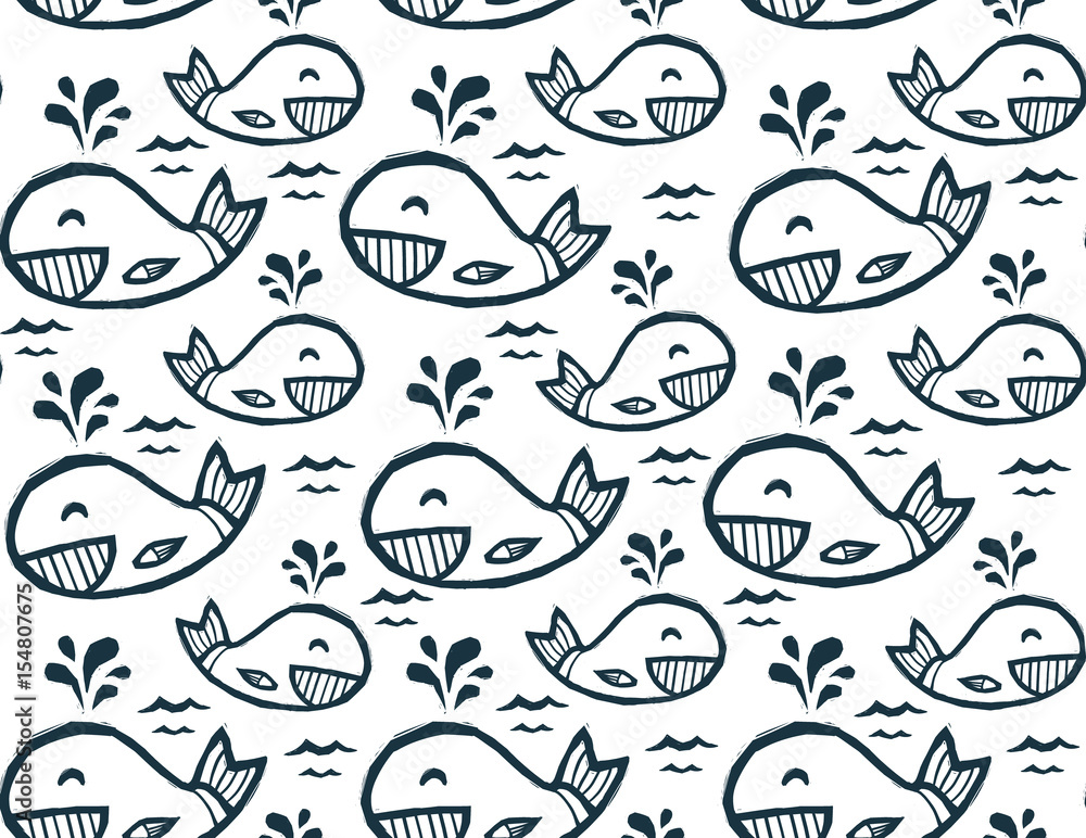 Cute doodle whales in cartoon style, vector seamless pattern Cute doodle whales in cartoon style, vector seamless pattern