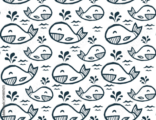 Cute doodle whales in cartoon style, vector seamless pattern