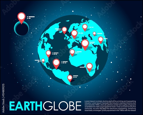 VR earth 360 degrees sticker label or banner for the gadget sell with globe in space, stars , moon a icons