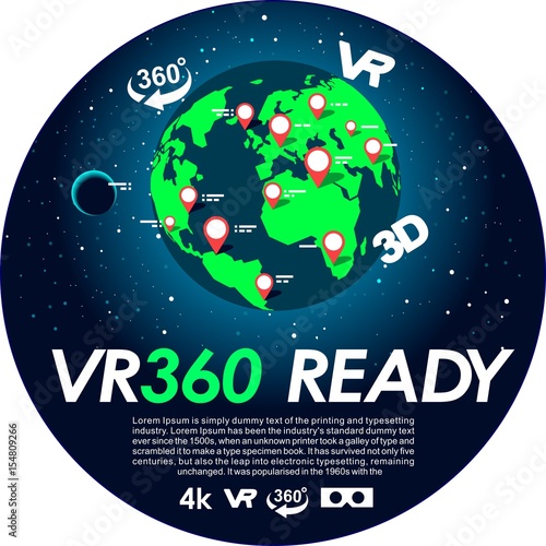 VR earth 360 degrees sticker label or banner for the gadget sell with globe in space, stars , moon a icons