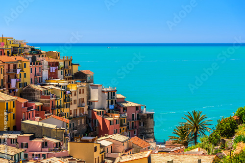 Aerial view of Riomaggiore in Liguria a famous town of the Cinque Terre National Park.