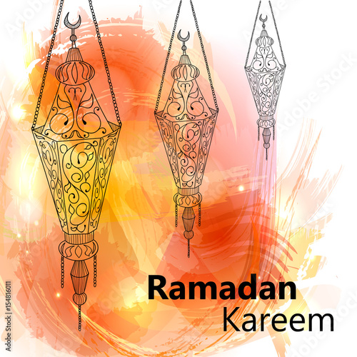 Illustration of Ramadan kareem and Ramadan mubarak. beautiful watercolor of lantern. traditional greeting card wishes holy month moubarak and karim for muslim. photo