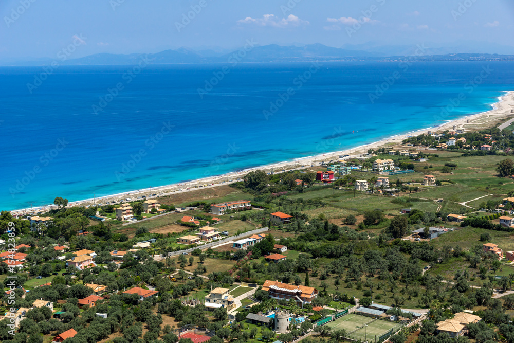 Amazing Panoramic view of Agios Ioanis beach with blue waters, Lefkada, Ionian Islands, Greece