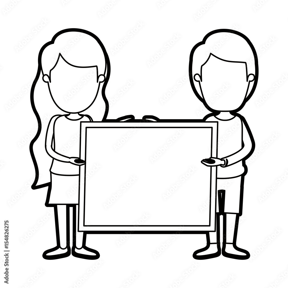 caricature thick contour faceless full body couple holding a square poster vector illustration