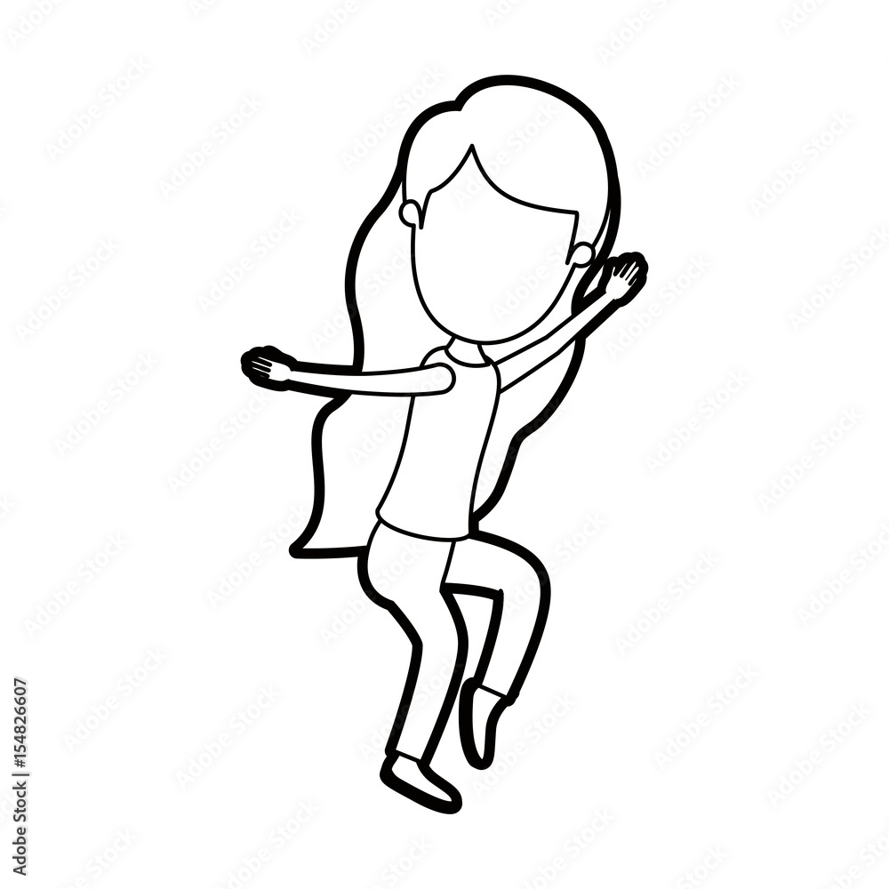 caricature thick contour faceless full body woman with long wavy hair dancing vector illustration