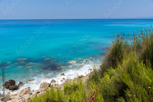 Amazing Panoramic view of Kokkinos Vrachos Beach with blue waters  Lefkada  Ionian Islands  Greece