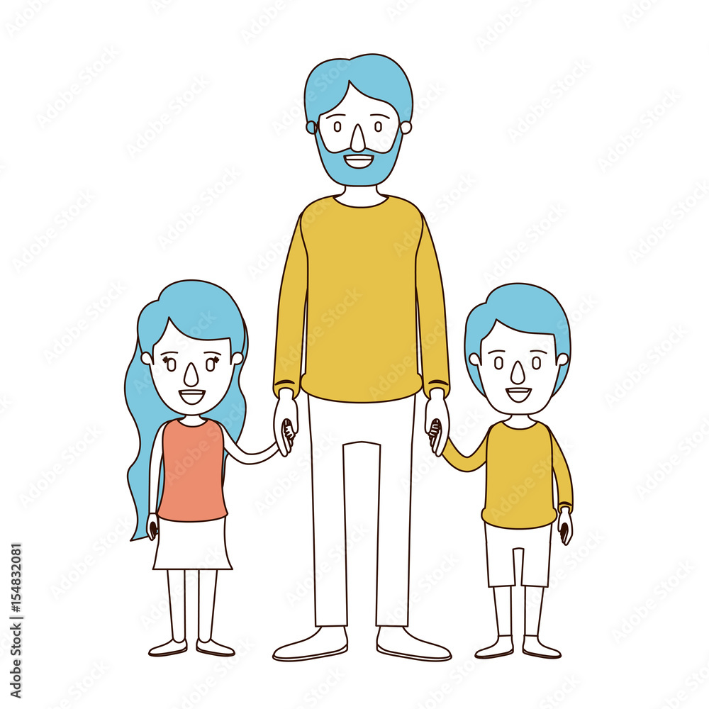 caricature color sections and blue hair of full body bearded man taken hand with girl and boy vector illustration caricature color sections and blue hair of full body bearded man taken hand with girl and boy vector illustration