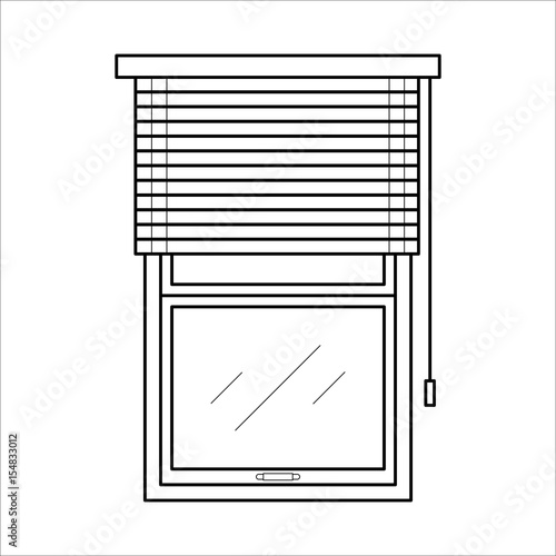 Vector black icon of blinds for house interior. Jalousie for home decoration in thin linear style. Window horizontal louvers - curtain for room, office. Flat illustration isolated on white background.