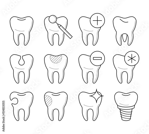 Set of teeth in different conditions, healthy, damaged, clean, with cavity, sensitive, pin, educational poster for clinic, professional stomatology pictogram, health concept. Vector illustration