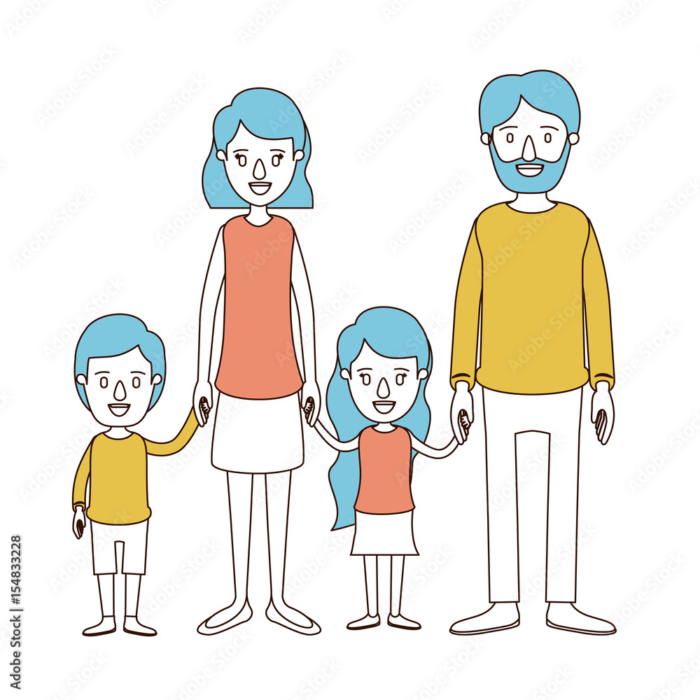 caricature color sections and blue hair of family group with parents and little kids taken hands vector illustration caricature color sections and blue hair of family group with parents and little kids taken hands vector illustration