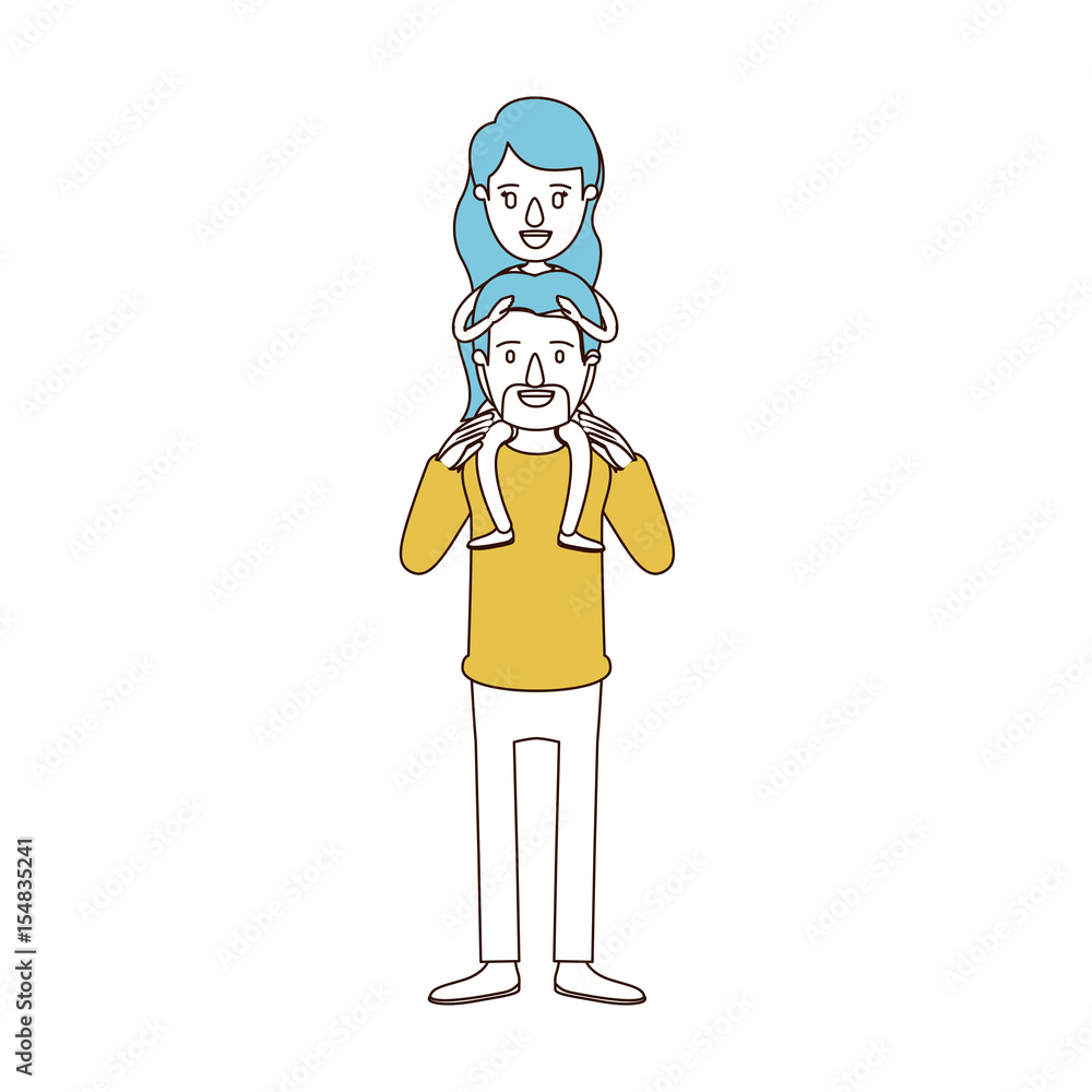 caricature color sections and blue hair of bearded father with moustache and girl on his back vector illustration caricature color sections and blue hair of bearded father with moustache and girl on his back vector illustration