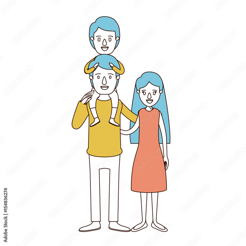 caricature color sections and blue hair of family mother and father with boy on his back vector illustration caricature color sections and blue hair of family mother and father with boy on his back vector illustration