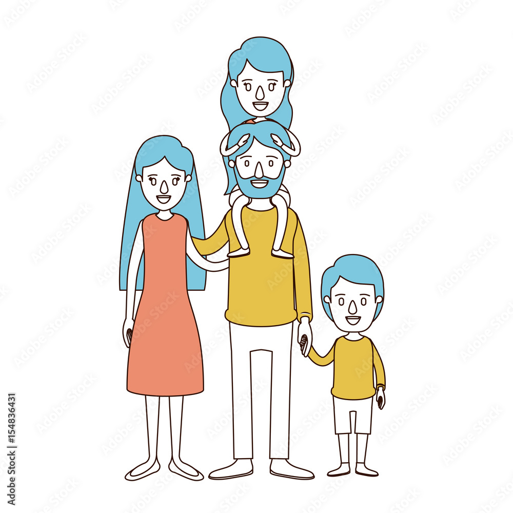 caricature color sections and blue hair of family parents with girl on his back and boy taken hands vector illustration caricature color sections and blue hair of family parents with girl on his back and boy taken hands vector illustration