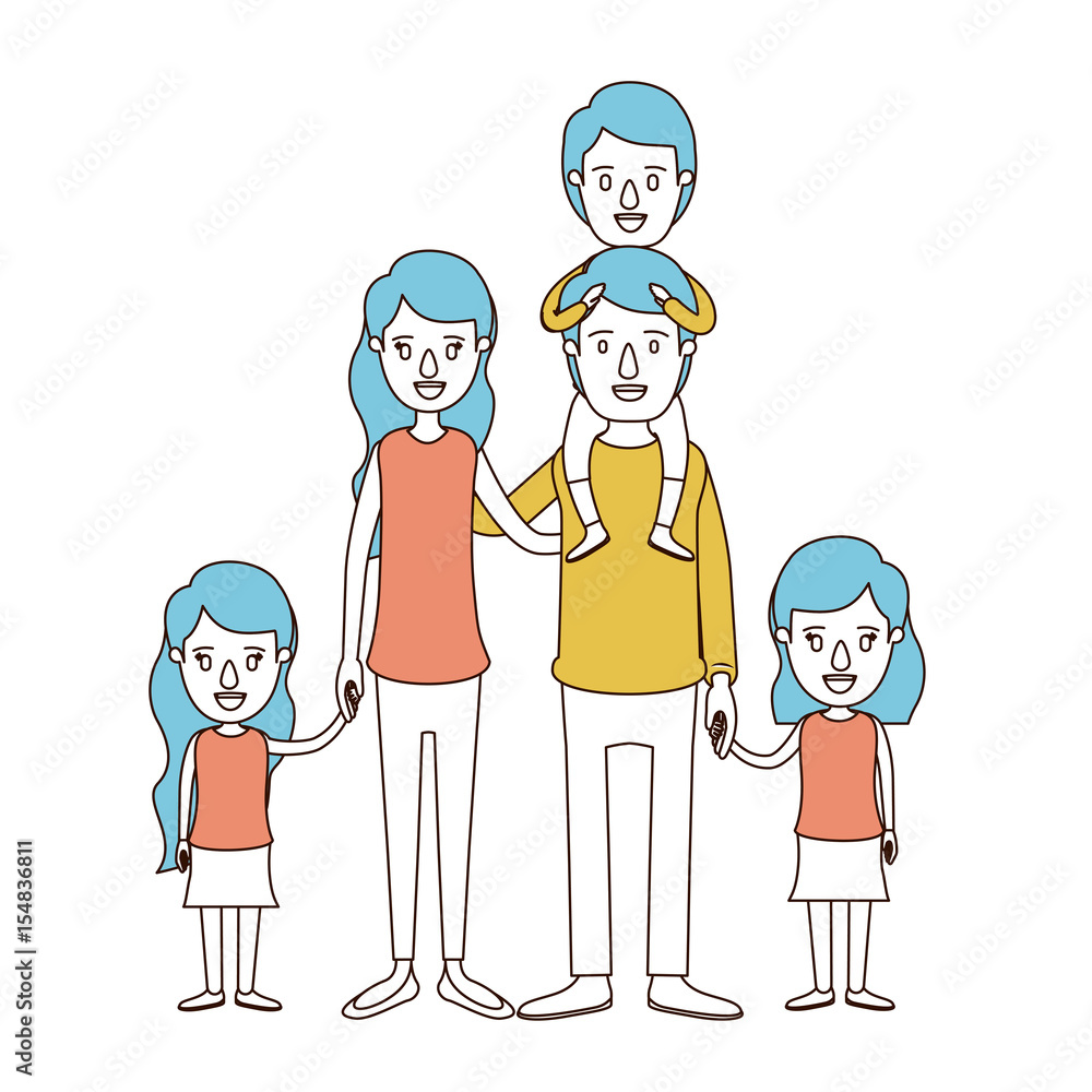 caricature color sections and blue hair of big family parents with boy on his back and daugthers taken hands vector illustration caricature color sections and blue hair of big family parents with boy on his back and daugthers taken hands vector illustration