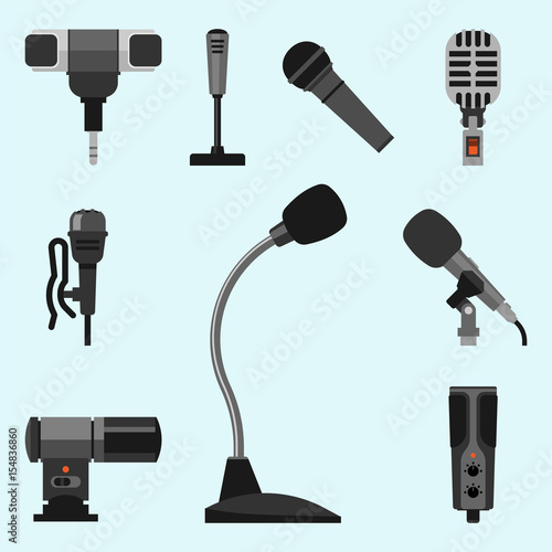 Different microphones types icons journalist vector interview music broadcasting vocal tool tv tool.