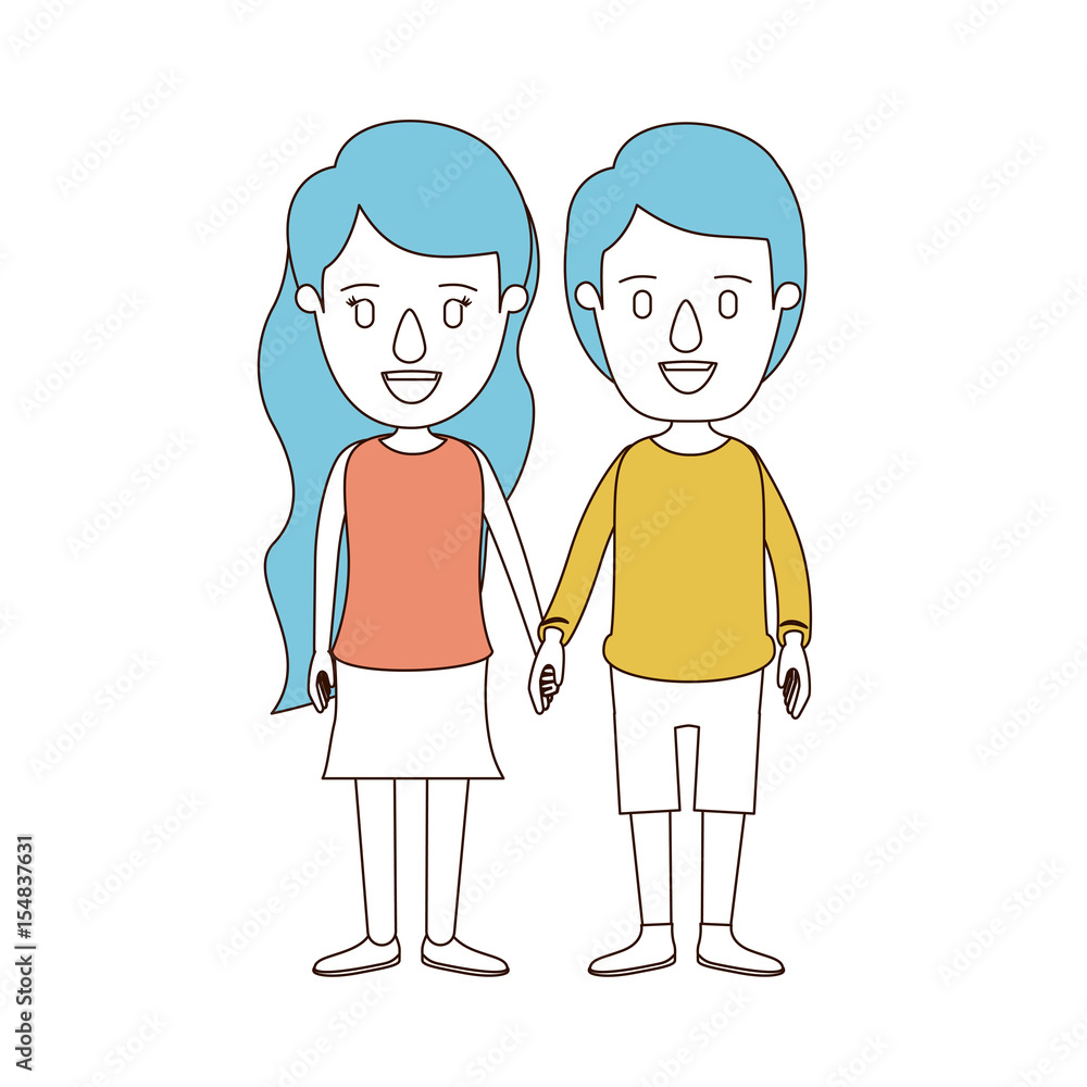 caricature color sections and blue hair of full body couple in casual clothing vector illustration caricature color sections and blue hair of full body couple in casual clothing vector illustration