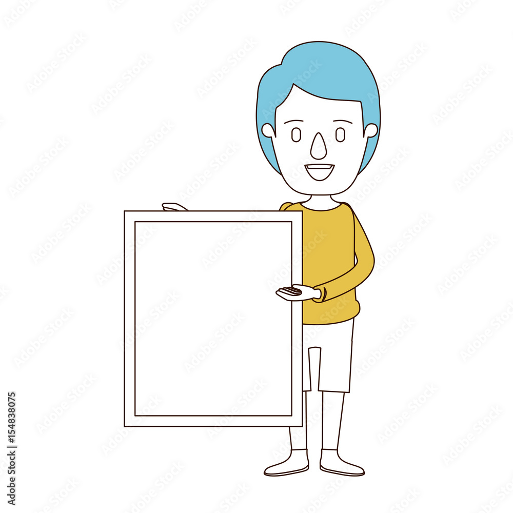 caricature color sections and blue hair of full body man holding a square poster vector illustration
