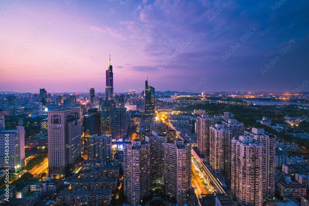 Skyline of Nanjing City Seen From Top of Tall Building at Sunset